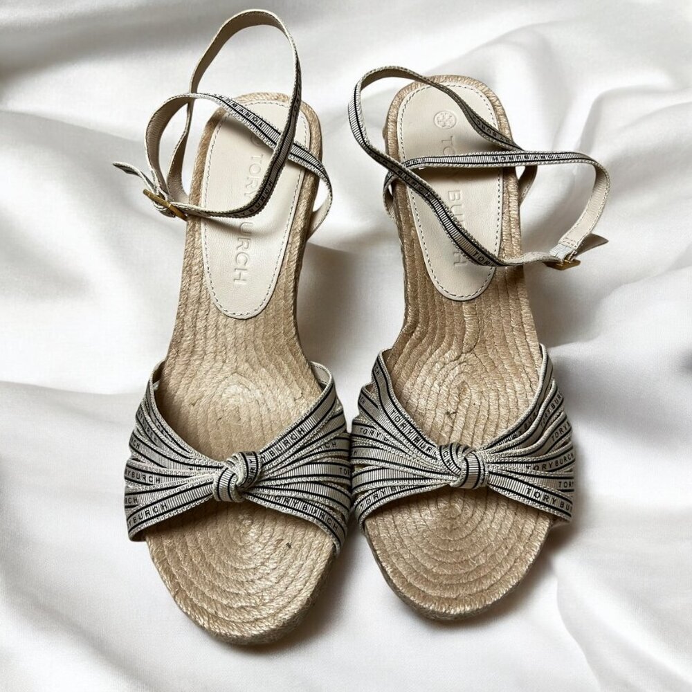 Tory Burch White Beige Logo Ribbon Wedge Espadrille Platform Sandals Heels Sz 9 - Picture 3 of 8